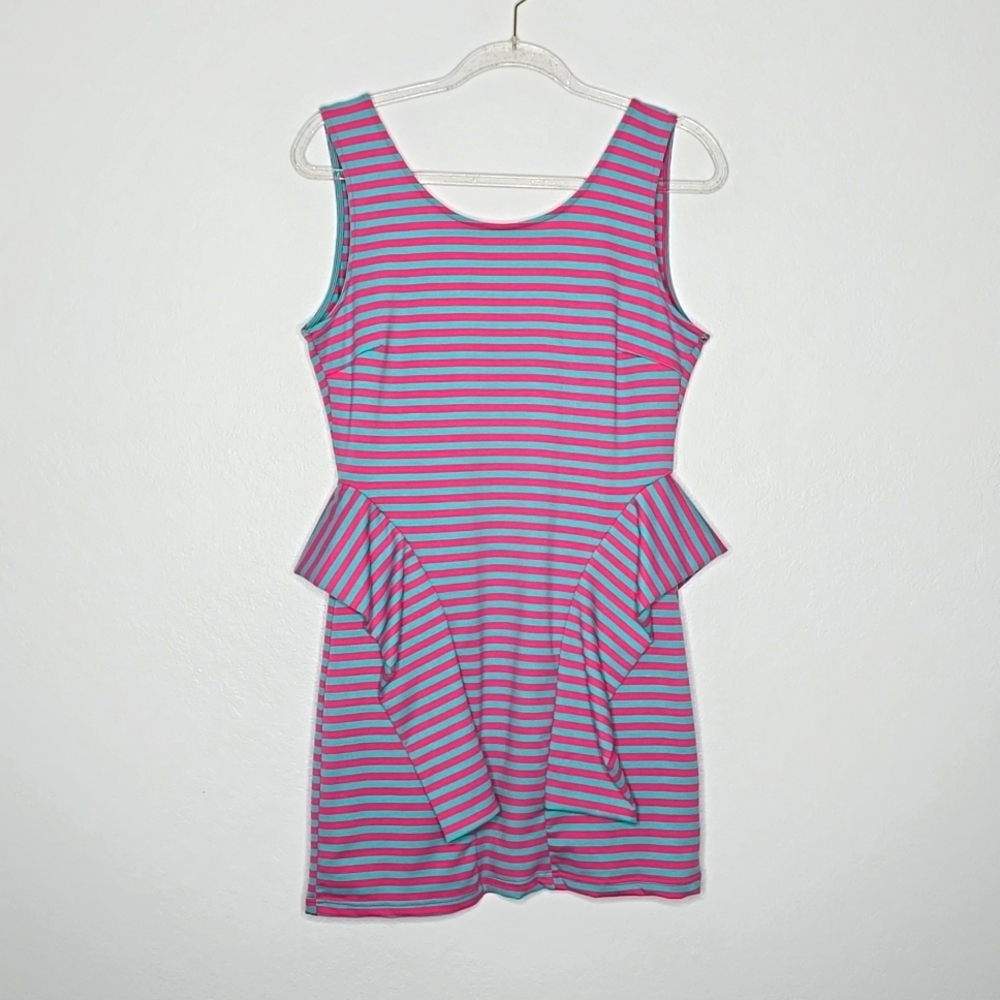 Pink and blue striped dress with ruffles new
